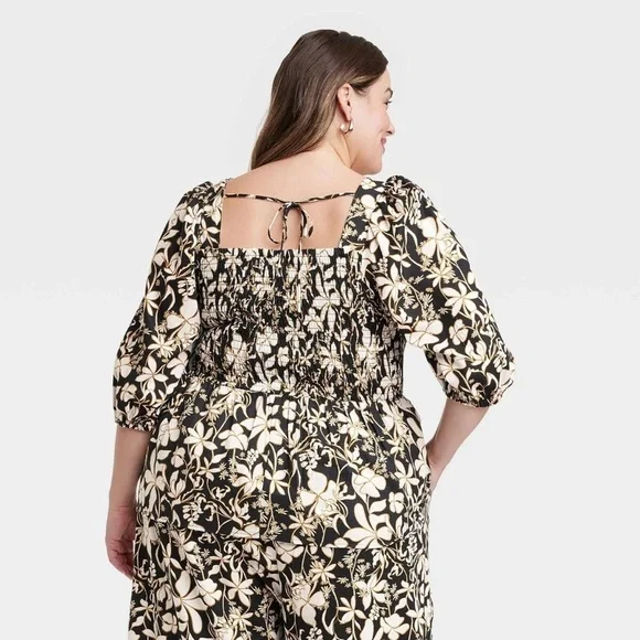 Women's Puff Elbow Sleeve Peplum T-Shirt - Ava & Viv Black Floral - Picture 2 of 7